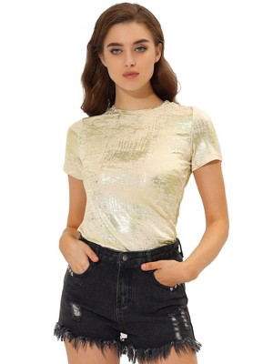 Allegra K Women's Party Metallic Short Sleeve Textured Shiny T-shirts
