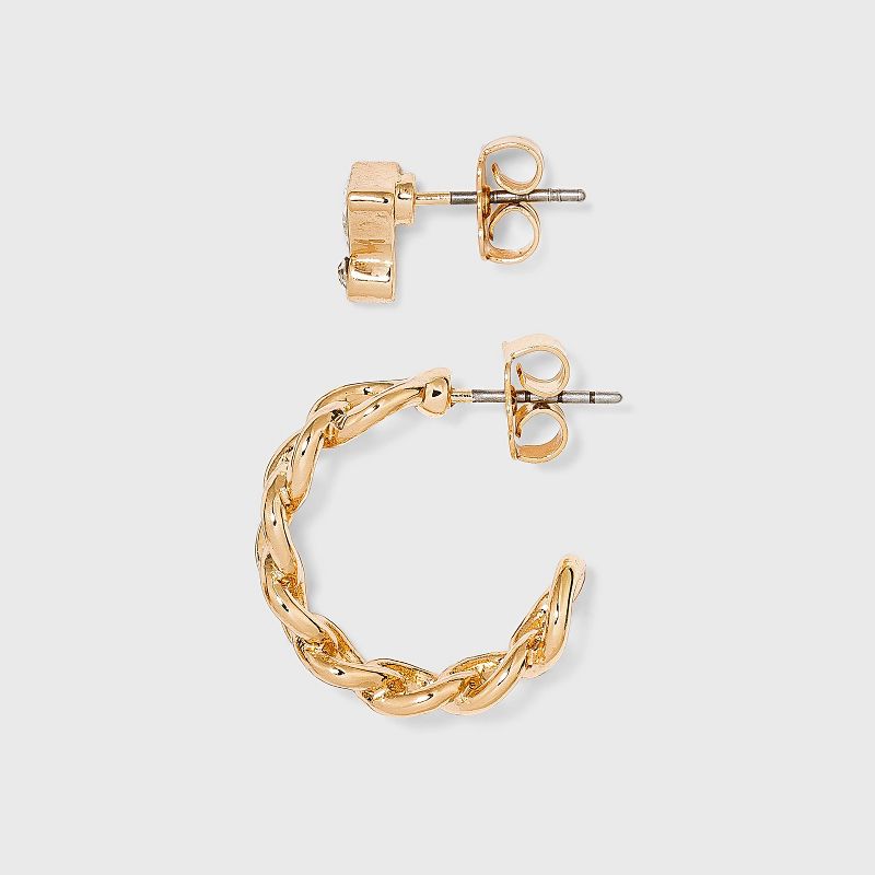 Stud and Frozen Chain Hoop Trio Earring Set 3pc - A New Day&#8482; Gold, 2 of 3