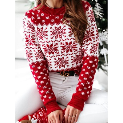 Womens Long Sleeve Pullover Sweater Kint Shirt Fall Casual Christmas Snow Jacquard Crew Neck Top