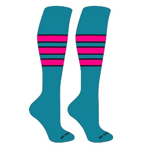 MK Socks Striped OTC Baseball, Softball, Football Socks (C) Marlin Teal, Black, Hot Pink - 1 of 3