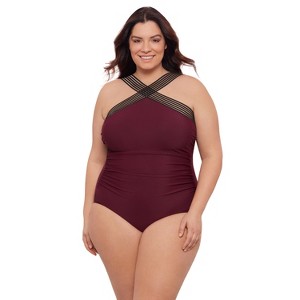 Aqua Green, Women's Novelty Trim High Neck One Piece - 1 of 3