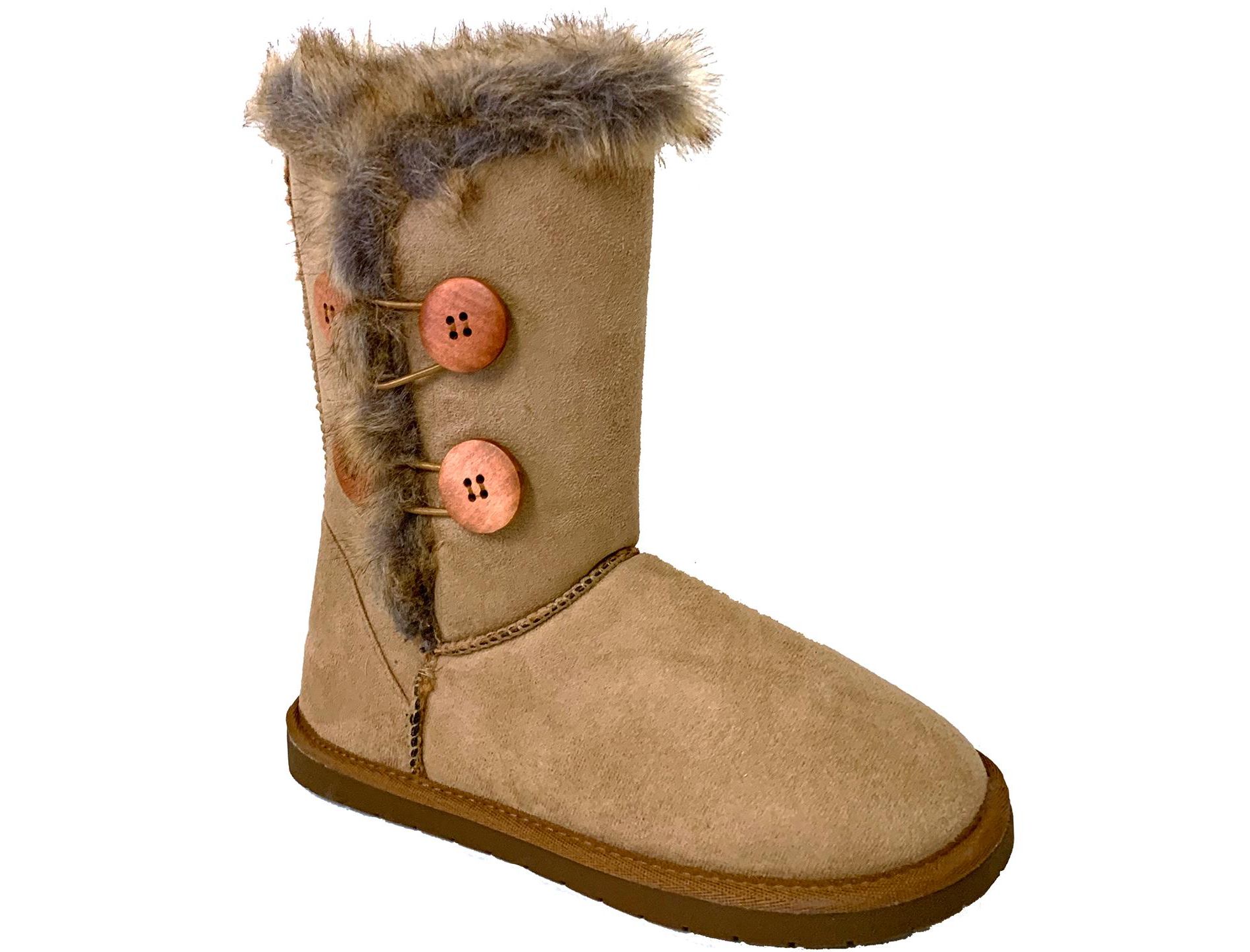 Women's Winter Boots Faux Suede Button 10" Mid Calf Fur Snow Shoes Sand Color