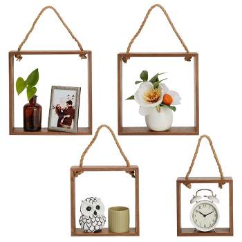 Farmlyn Creek Set of 4 Square Wall Hanging Shelves, Rustic Wooden Cube Shelf with Rope, Brown, 4 Sizes