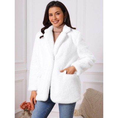 INSPIRE CHIC Women's Faux Fur Winter Open Front Notch Lapel Long Sleeve Fluffy One Button Coat White X-Large — фото 5