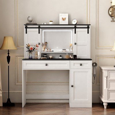 GlasFlength Makeup Vanity Tables Set with Mirror and Lights , Hairdryer holder, Drawer and Storage Cabinet, for Bedroom, White, 43.3"*15.74"*52.36"