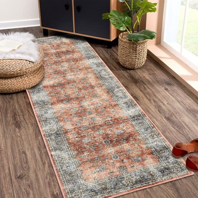 Machine Washable Area Rug Vintage Floral Non Slip Rug Foldable Stain Resistant Rugs Distressed Low Pile Indoor Carpet for Bedroom Living Room