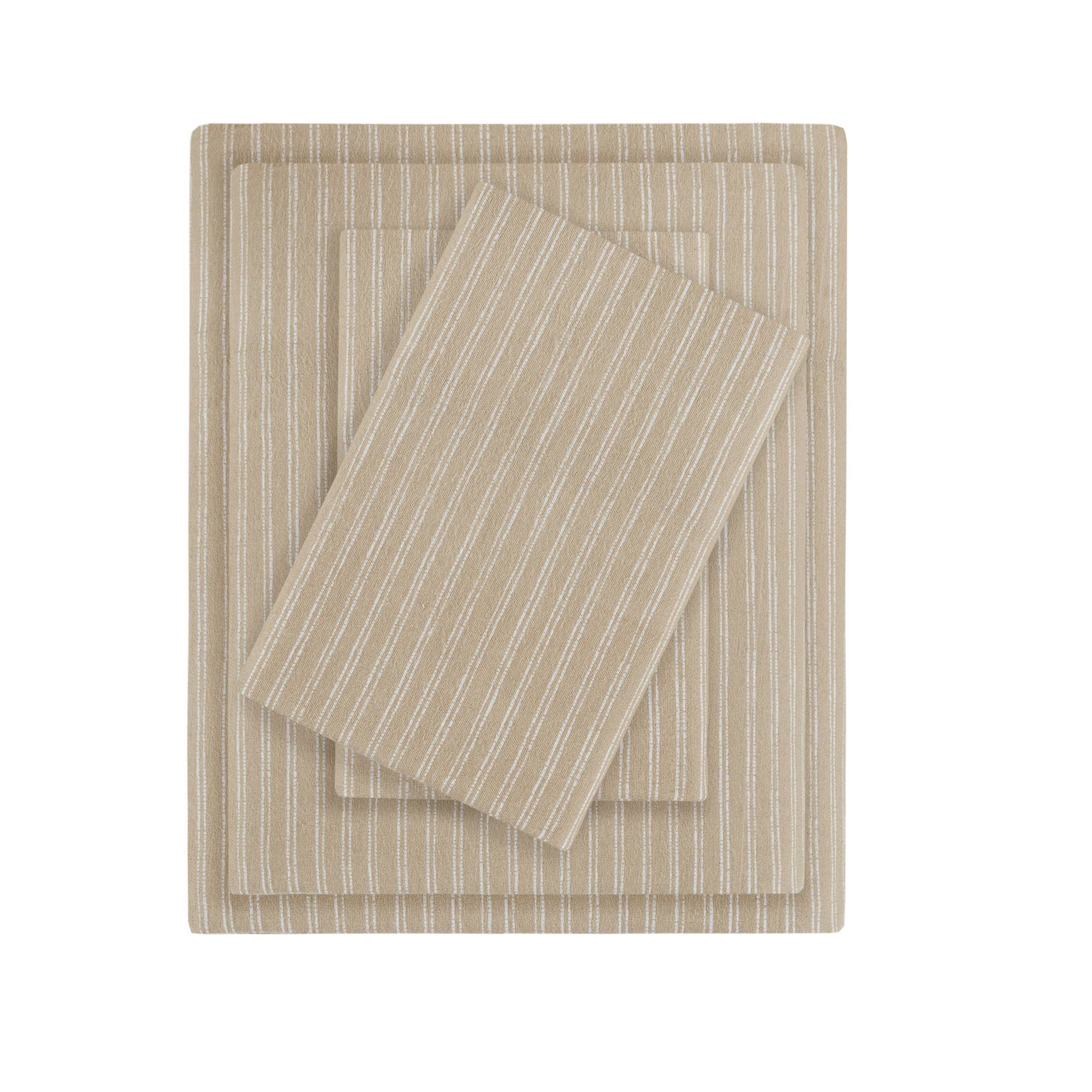 Queen Oversized Cotton Flannel 4pc Sheet Set Beige/White Stripes