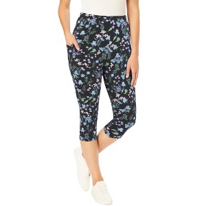 Woman Within Petite Stretch-Cotton Knit Pull-On Printed Pocket Capri Leggings - 1 of 2
