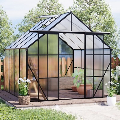 Outdoor 8x6 FT Greenhouse, Double Door Polycarbonate Greenhouse, Heavy Duty Greenhouse with Aluminum Frame and Roof Vent-Coolbibila