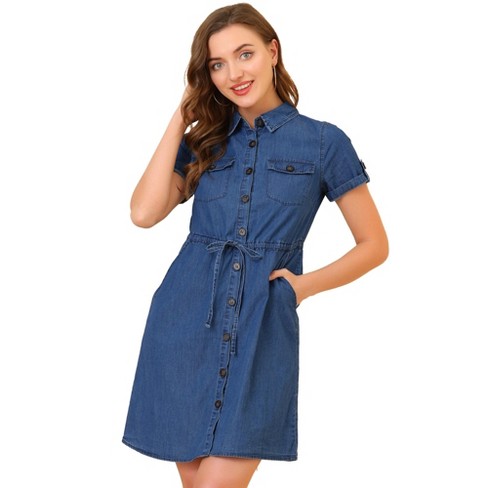 Allegra K Women s Jean Chambray Summer Casual Button Down Denim Dresses Sky Blue X small Target