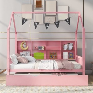 Wooden Twin Size House Bed With 2 Drawers, Storage Shelf Kids' Bed, Multifunctional Sky Roof House Bed Frame - 1 of 4