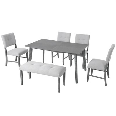 Vynxaria Rustic Farmhouse Dining Set: Rectangular Table, Upholstered Chairs & Bench, Solid Wood