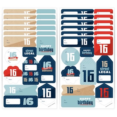 Big Dot of Happiness Boy 16th Birthday - Assorted Sweet Sixteen Birthday Party Gift Tag Labels - To and From Stickers - 12 Sheets - 120 Stickers