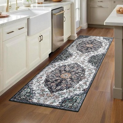 Washable Elegant Floral Rug, Thin Low Pile Carpet with Non-Slip Backing, Stain Resistant & Reinforced Edges for Living Room & Kitchen