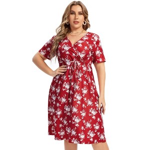 Coolmee Women Summer Plus Size Casual Midi Dresses Short Sleeve V Neck Drawstring Waist Knee Length T Shirt Sundress - 1 of 4