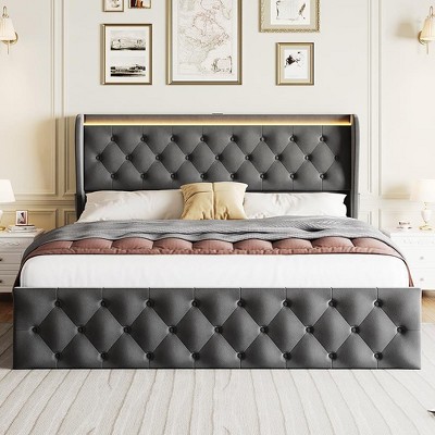 King LED Platform Bed Frame with 4 Drawers, Velvet Upholstered Bed Frame with High Button Wingback Headboard, Metal Frame with No Box Spring Needed
