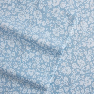 Blue Floral Cotton Percale Twin Sheet Set