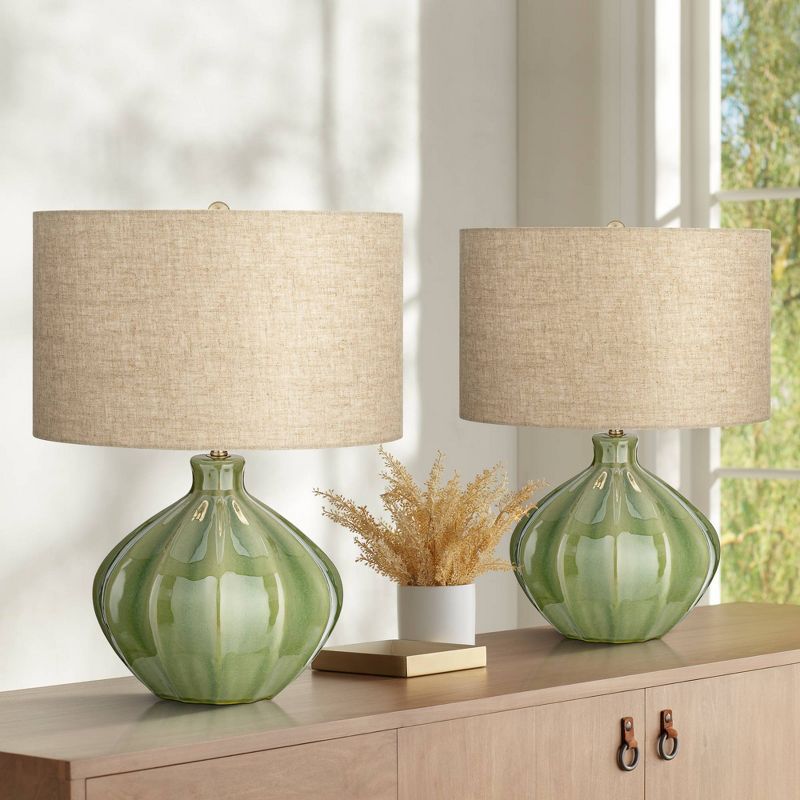 360 Lighting Gordy Modern Accent Table Lamps 20 1/2" High Set of 2 Ribbed Green Ceramic Oatmeal Fabric Drum Shade for Bedroom Living Room Nightstand, 2 of 10