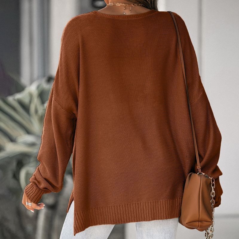 Women's V Neck Split Trim Oversized Sweater - Cupshe -Light Brown, 5 of 7