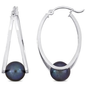 EVERLY JEWELRY | 8-8.5mm Cultured Freshwater Pearl Hoop Earrings in Sterling Silver – Multiple Pearl color Options. - 1 of 4