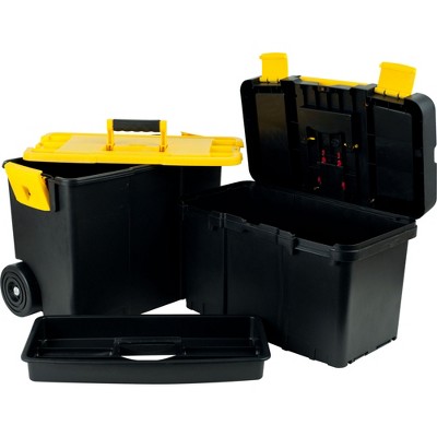 Black and Yellow Portable Tool Box with Wheels and Removable Storage Trays