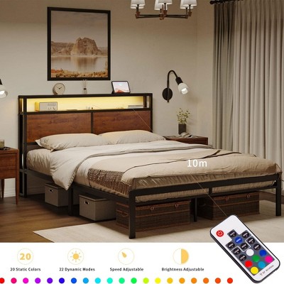 Queen Black Metal Platform Bed with Storage Headboard and MDF Panels