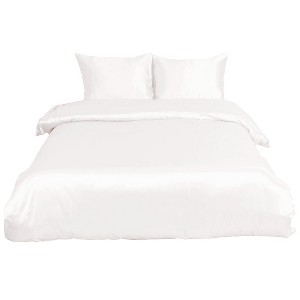 PiccoCasa Silk Satin Solid Reversible Bed Duvet Cover Set with Corner Straps 3 Pcs - 1 of 4