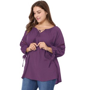 Agnes Orinda Women's Plus Size Tie Tassel V Neck Hollow Bowknot Long Sleeve Casual Blouses - 1 of 4