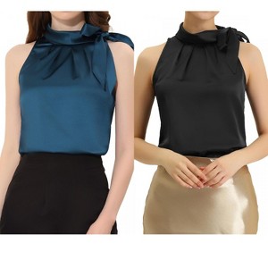 INSPIRE CHIC Women's Elegant Satin Sleeveless Bow Tie Mock Neck Solid Work Blouse 2 Packs - 1 of 4