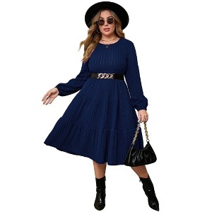 Coolmee Women Plus Size Fall Dresses Crew Neck Long Sleeve Flowy Casual Ribbed Knit Sweater Dress with Belt - 1 of 4