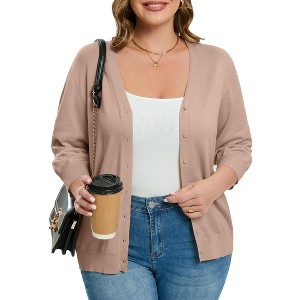 Coolmee Women's Plus Size Cardigan Lightweight V-Neck Button Down 3/4 Sleeve Cardigan Sweater XL Apricot - 1 of 1