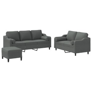 vidaXL Dark Gray Sofa Set - Fabric Loveseat, Armchair & Footstool with Pillows - Breathable 3 Piece Living Room Furniture - 1 of 4