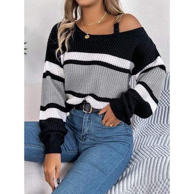 Coolmee Women's Striped Print SweaterNeck Buckle Decor Sweater Casual Drop Shoulder Long Sleeve Pullover Knitwear Tops