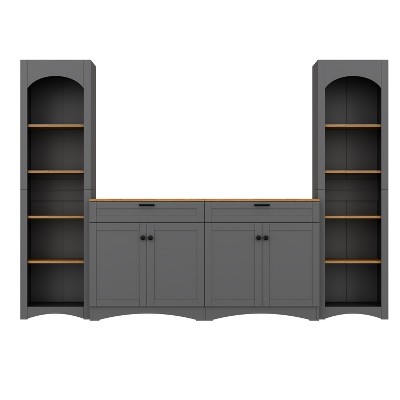 CLIHOME 3-Piece Farmhouse Entertainment Center with Storage Cabinet for TVs Up to 70", Mid-Century TV Stand with Bookshelf
