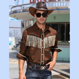 Men's Western Cowboy Fringe Shirt Long Sleeve Rose Embroidered Slim Fit Button Down Shirt - 1 of 4