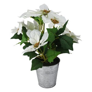 Northlight 15.5" White and Green Artificial Poinsettia Flower Arrangement in Pot - 1 of 2