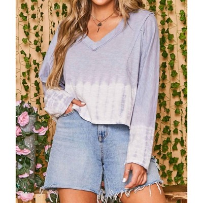 Women's Cotton V Neck Long Sleeve Crop Top - Peach Love