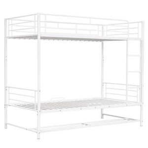 Twin-Over-Twin Metal Bunk Bed featuring Shelf and Safety Guardrails - 1 of 4
