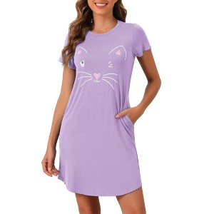 cheibear Women's Short Sleeve Summer Cute Cat Printed with Pockets Nightgowns - 1 of 4