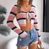 Coolmee Women's Contrast Stripe Tie Up Hollow Out Long Sleeve Knit Crop Cardigan Cover Up - 2 of 4