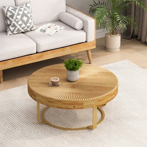 Round Farmhouse Coffee Table, Rustic Wood Carved Top with Metal Legs, Living Room or Office Side Table - 1 of 4