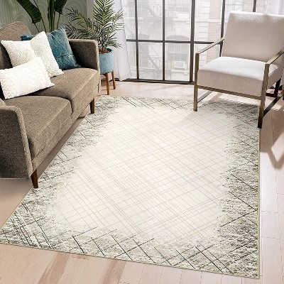 Machine Washable Area Rug, Modern Bordered, Stain Resistant, Non-Slip, Minimalist Accent Rug, Farmhouse Floor Cover, Dining