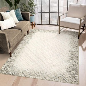 Machine Washable Area Rug, Modern Bordered, Stain Resistant, Non-Slip, Minimalist Accent Rug, Farmhouse Floor Cover, Dining - 1 of 4