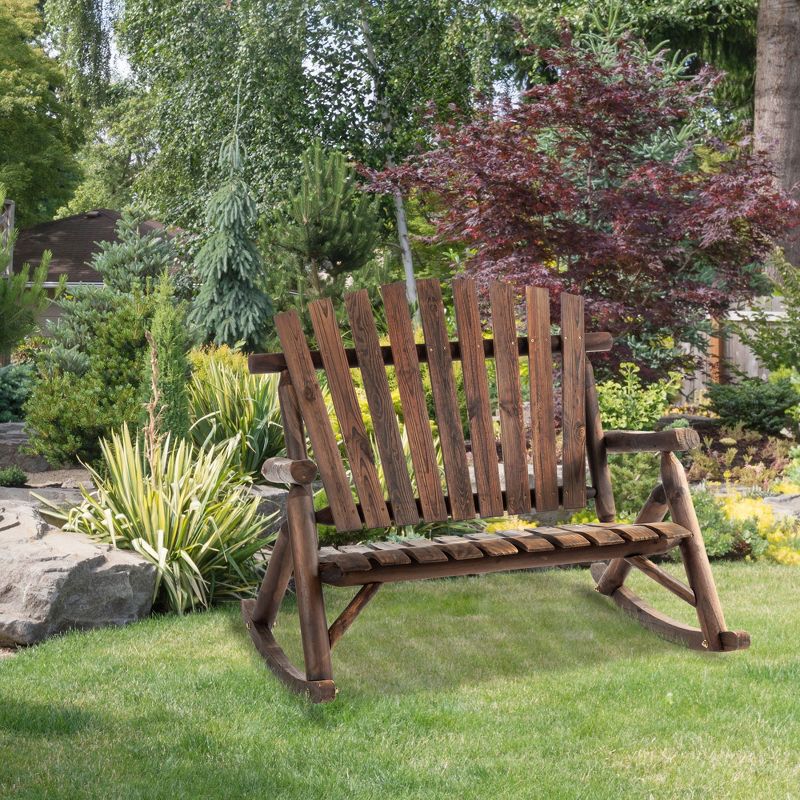 Outsunny Outdoor Adirondack Rocking Chair with Log Slatted Design, 2-Seat Patio Wooden Rocker Loveseat with High Back for Lawn Backyard Garden, 2 of 7