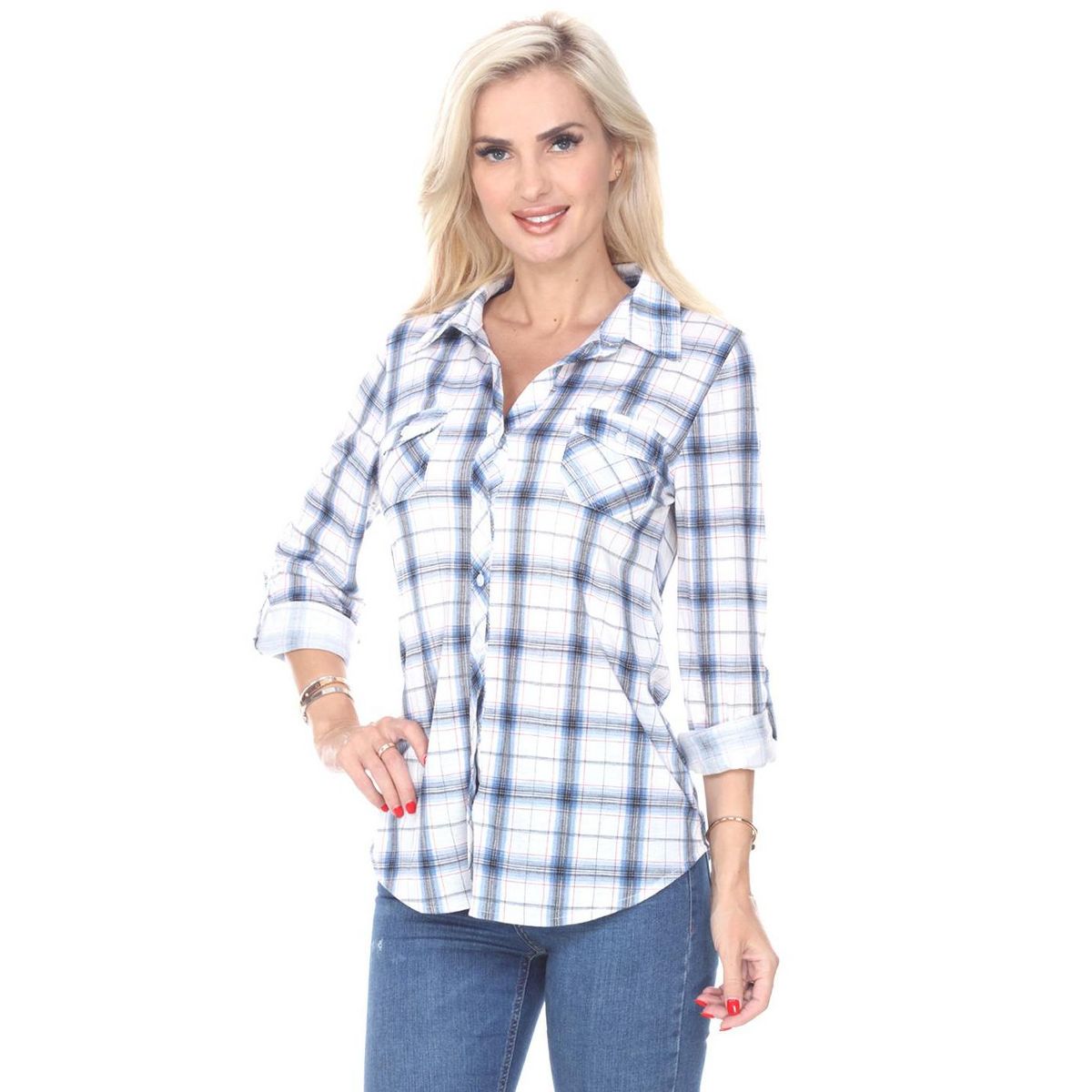 Women's Oakley Stretchy Plaid Tunic Top with Pockets - White Mark - thumbnail 2