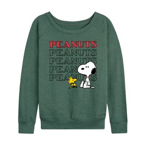 Women's - Peanuts - Snoopy Woodstock Lightweight French Terry Wide Neck Long Sleeve Graphic Shirt - 1 of 4