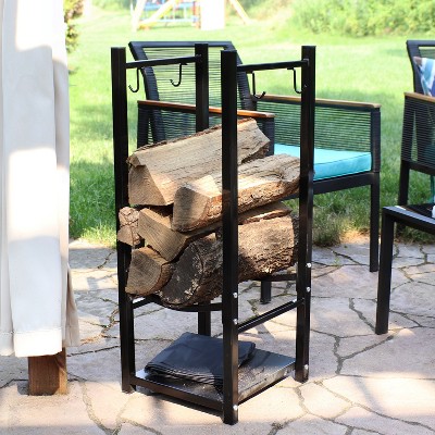 Sunnydaze Black Steel 32" Indoor/Outdoor Firewood Log Rack with Hooks