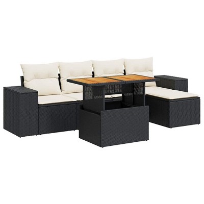 vidaXL Patio Sofa Set with Cushions Modular Sofas and Stool 6 Piece Poly Rattan - Black and Cream with Storage