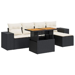 vidaXL Patio Sofa Set with Cushions Modular Sofas and Stool 6 Piece Poly Rattan - Black and Cream with Storage - 1 of 4