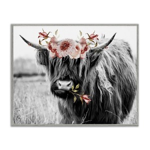 Stupell Industries Layered Floral Design Longhorn Cattle Monochrome Framed Giclee Art, Gray, 14" x 11" - 1 of 4